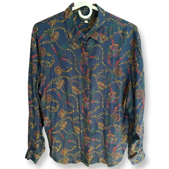 Vintage Tapestry Designs Women's Royal Equestrian Print Button Down Shirt Size 8 - Picture 2 of 12
